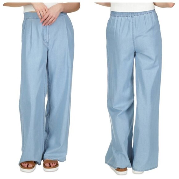 Michael Michael Kors Petite Chambray Elastic-Back Wide-Leg Pants PXL Sky Blue Wa - Picture 1 of 11
